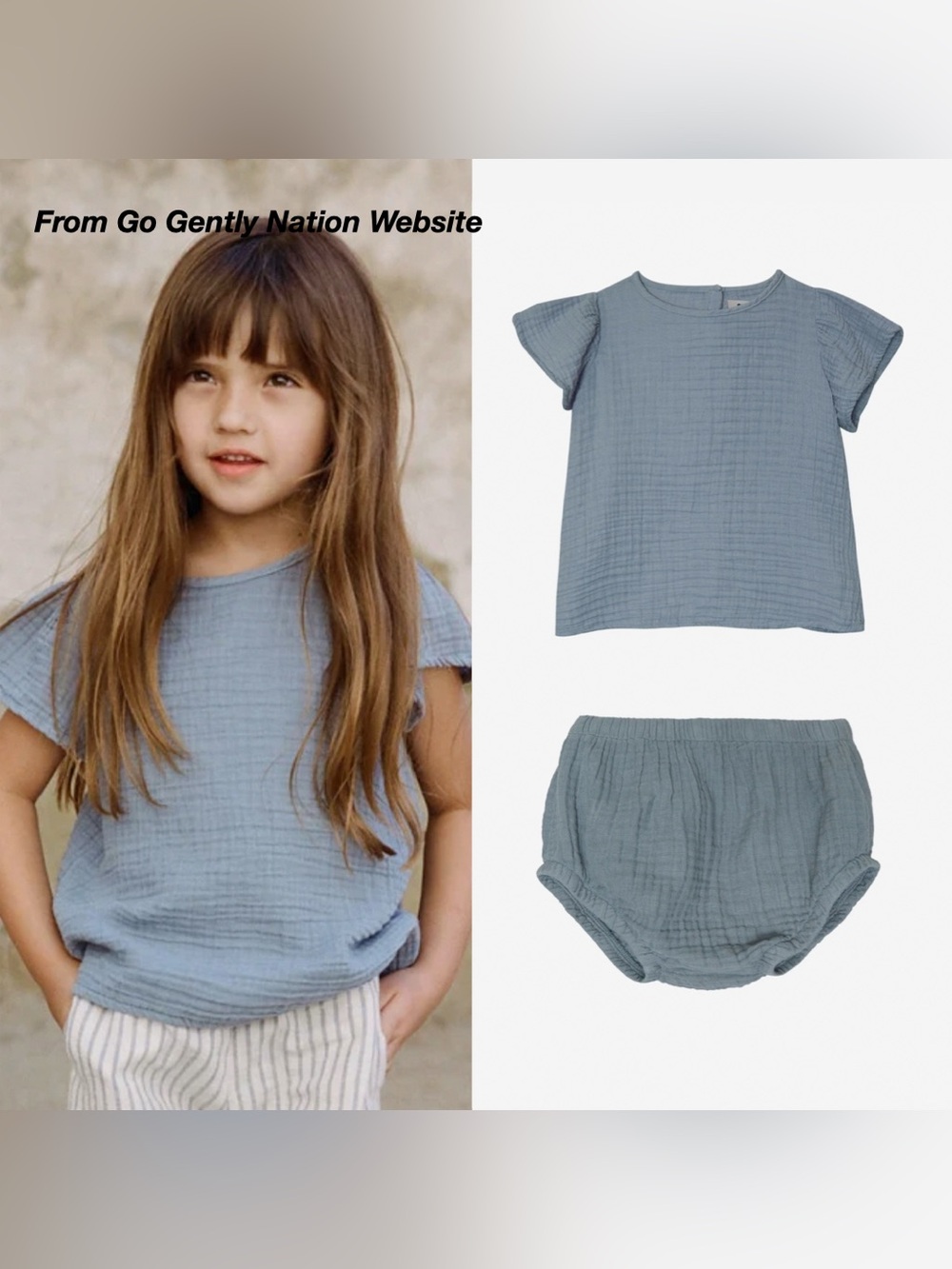 GUC: GO GENTLY GAUZE FLUTTER BLOUSE AND BLOOMER SET IN CORNFLOWER (6-12M)